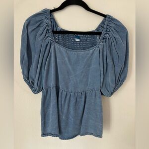 Old Navy Smocked Puff Sleeve Denim Blouse Size M